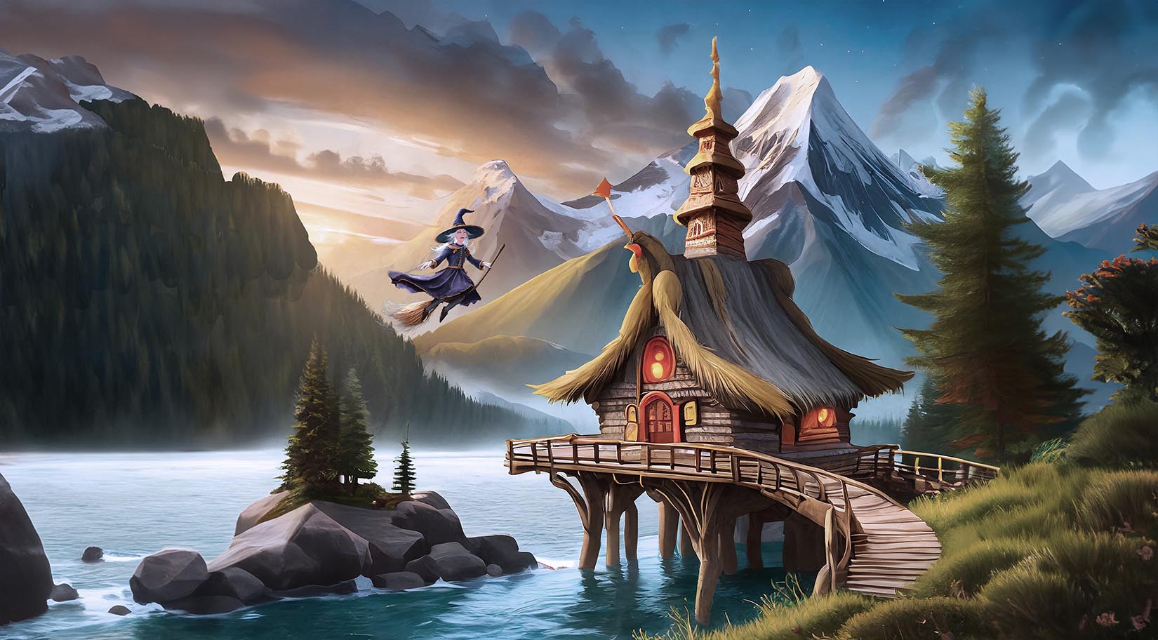 Baba yaga in front of her hut koeler on chicken legs