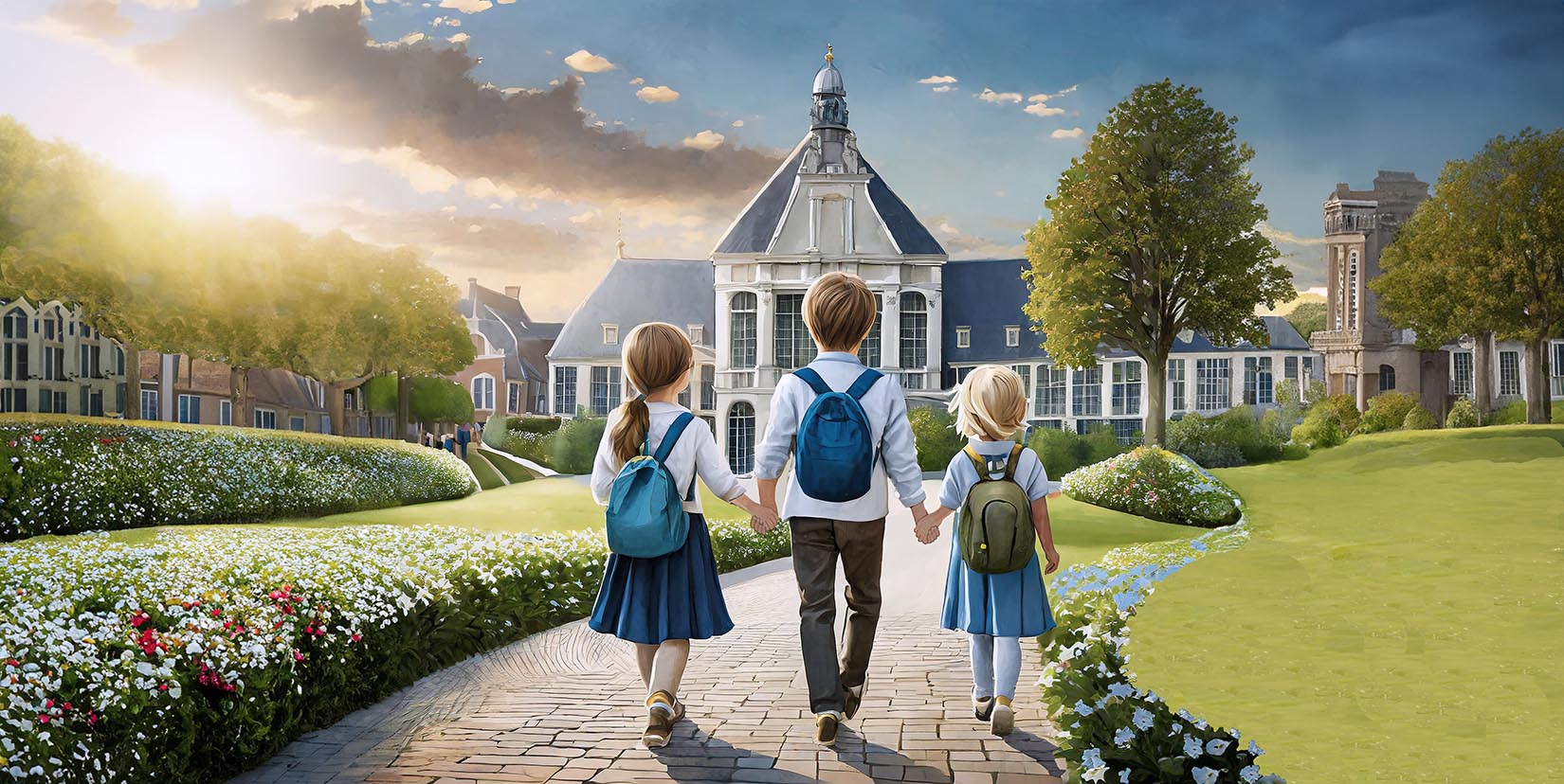drie kinderen lopen naar een museum